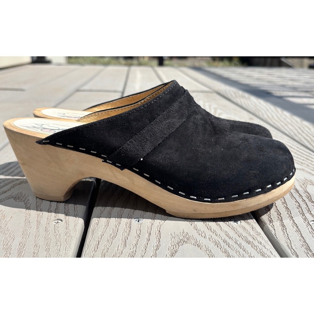 Maguba Black Suede Leather Clogs Wood Heel Women's Shoes Mules Size‎ 38